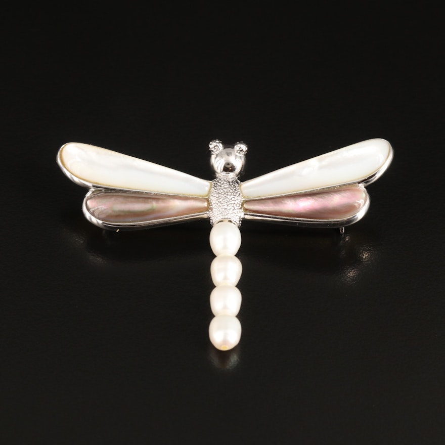 Sterling Pearl and Mother-of-Pearl Dragonfly Converter Brooch