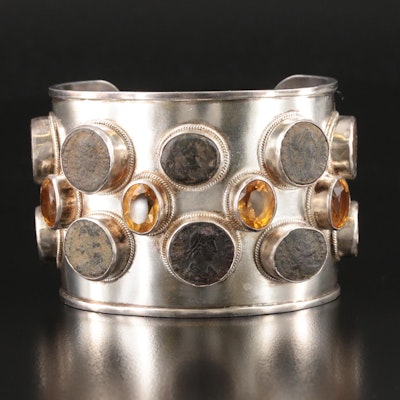 Sterling Carnelian Studio Cuff with Ten Ancient Roman Imperial Bronze Coins
