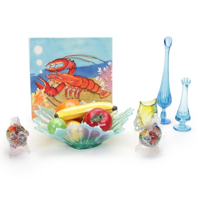 Fostoria Bowl, Fenton Vases, Lobster Tile, Blown Glass Fish, and Ceramic Fruit