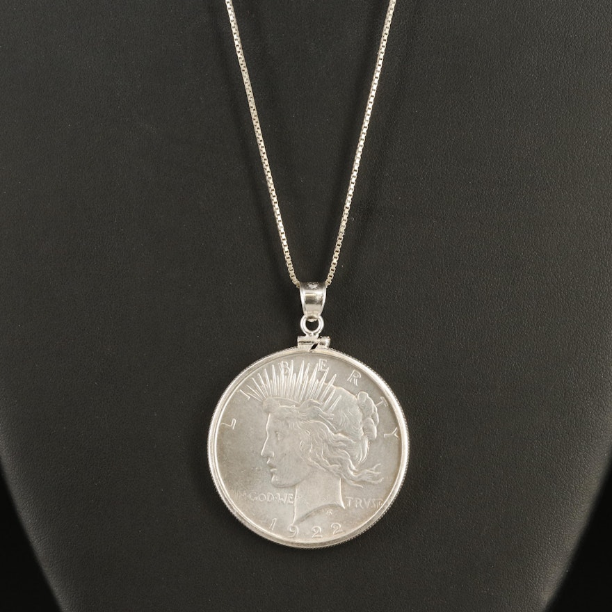 1922 Peace Silver Dollar Coin Pendant on Sterling Box Chain Necklace