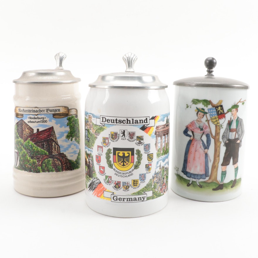 Kleiber and Other Pewter Lidded German Style Ceramic Beer Steins