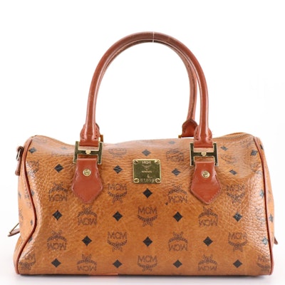 MCM München Boston Satchel Bag in Cognac Visetos Coated Canvas and Leather