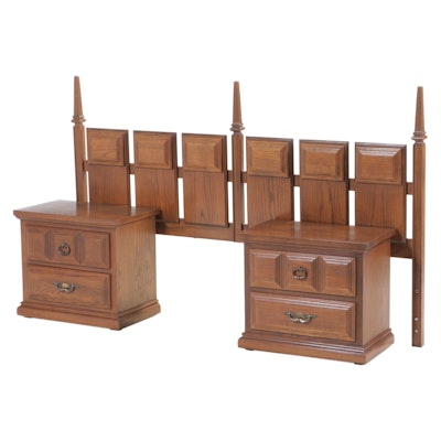 Pair of Kroehler French Provincial Style Oak Nightstands and King Headboard