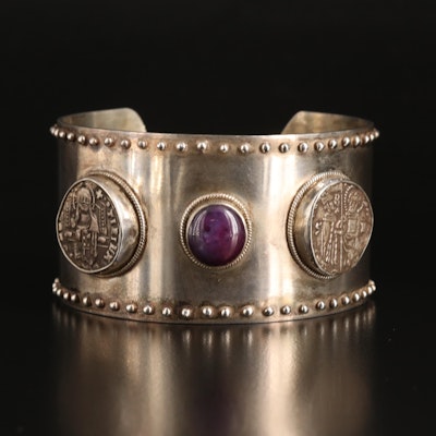 Sterling Sapphire and Carnelian Cuff with Reproduction Venetian Grosso Coin