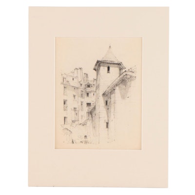 Henry Trier Graphite Drawing of European Buildings, Circa 1945