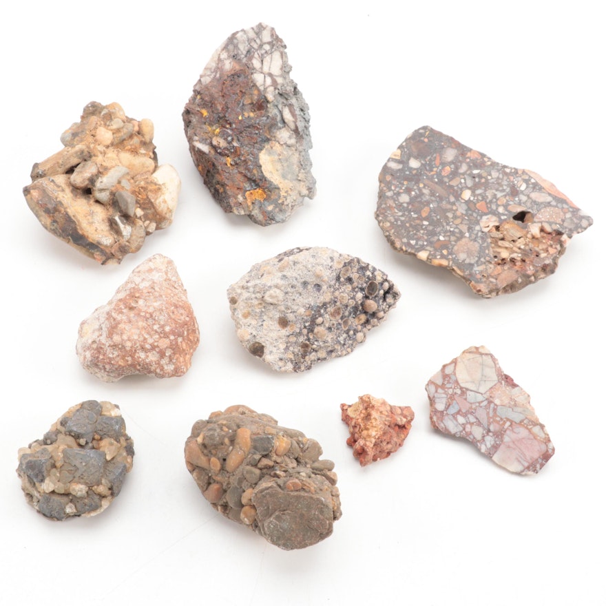 Quartz Pebble, Breccia and Limestone Conglomerate Specimens and Other Fragments