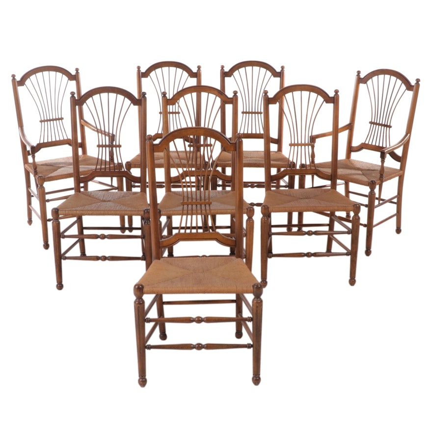 Eight Ethan Allen "Country French Collection" Wheat-Back Rush Seat Dining Chairs
