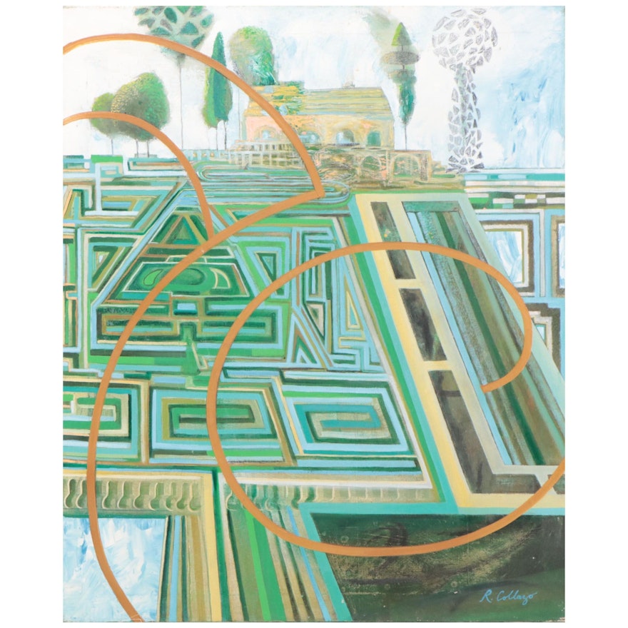 Raphael Angel Collazo Mixed Media Painting "French Garden (Maze)," 1985