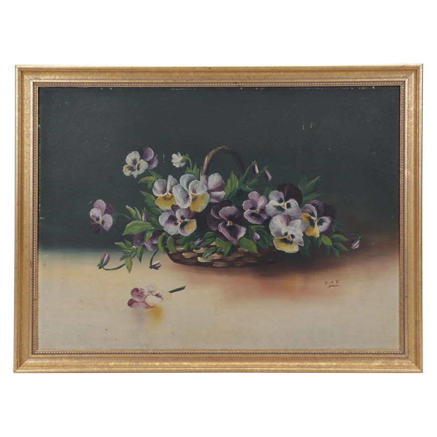 Still Life Oil Painting of Pansy Flowers in Basket, Circa 1930