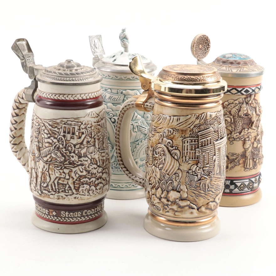 Avon "The Gold Rush" and Other Stoneware Beer Steins, Late 20th Century