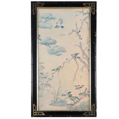 East Asian Offset Lithograph of Birds and Flowers