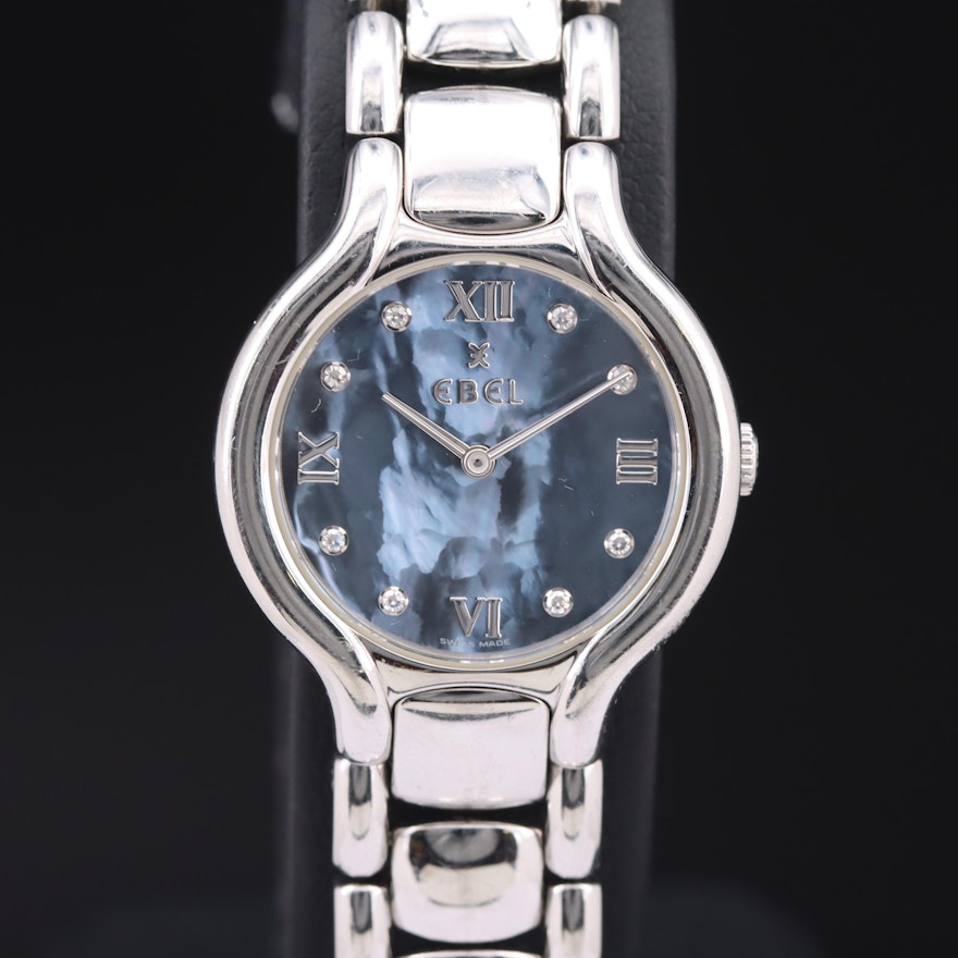Stainless Steel Ebel Beluga Black Mother-of-Pearl and Diamond Dial Wristwatch