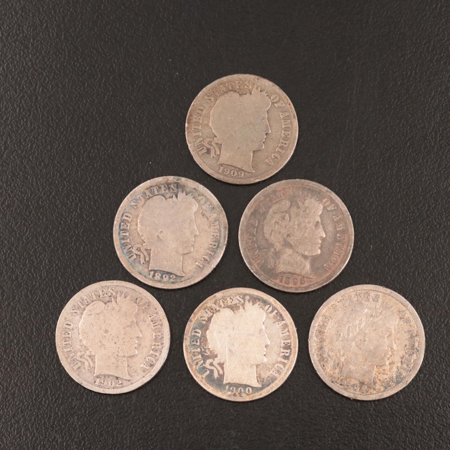 Six Lower Mintage  U.S. Silver Barber Dimes