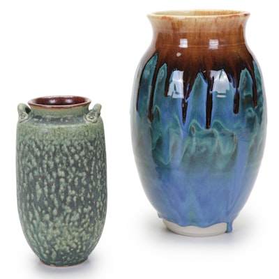 Thomas Arakawa Arts and Crafts Style Vase with Louise Miller Drip Glaze Vase