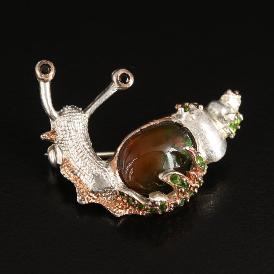 Sterling Fire, Opal, Diopside and Black Onyx Snail Brooch