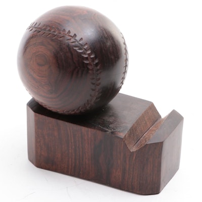 Hand-Carved Wooden Baseball and Pen Holder Stand