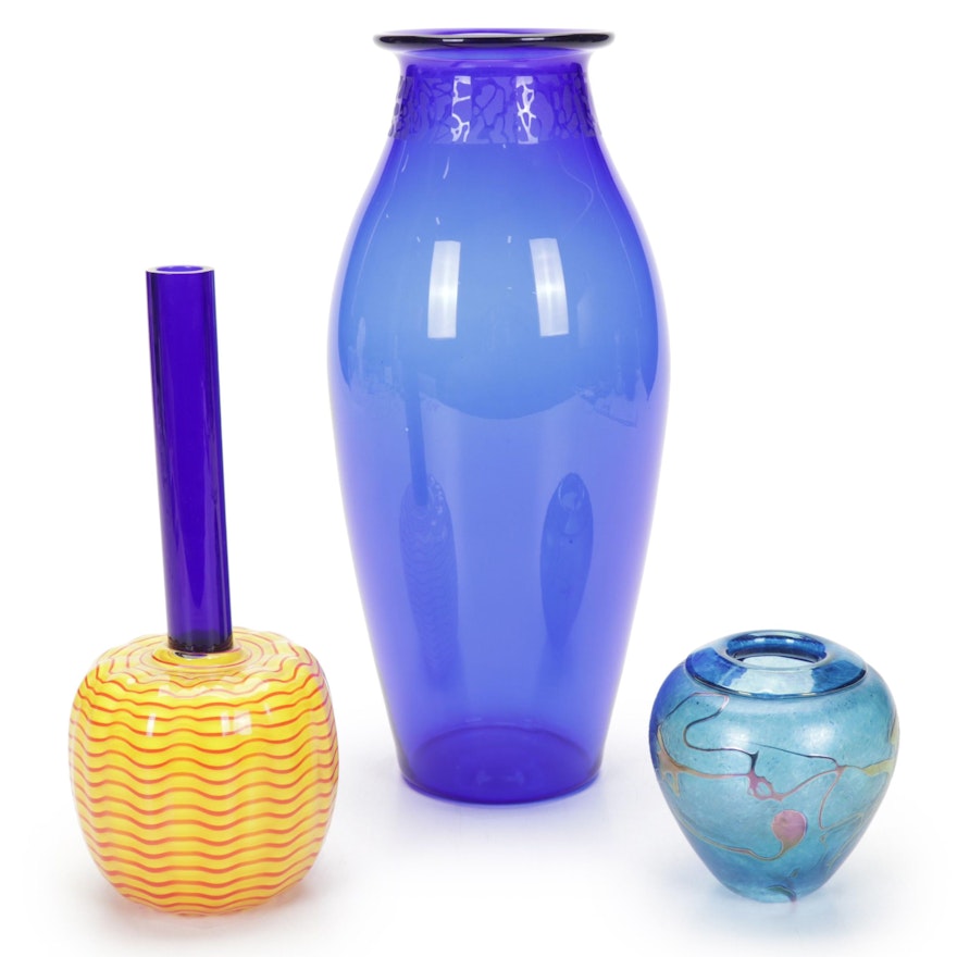 Chatham Glass Bud with Robert Held Cabinet and Etched Cobalt Art Glass Vases