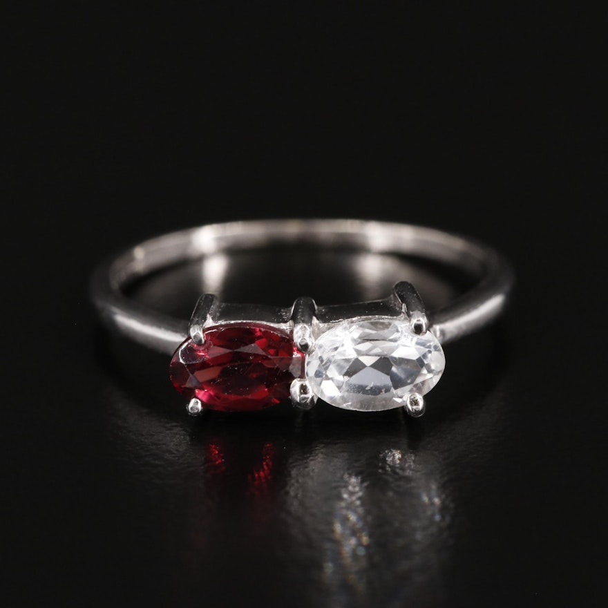 Sterling White Topaz and Garnet Two Stone Ring