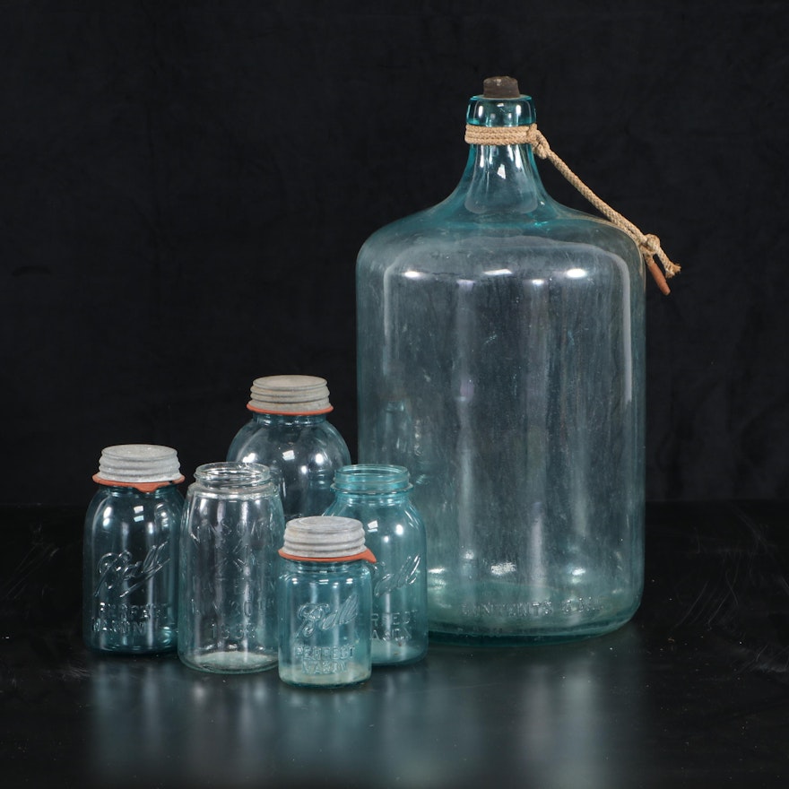 Ball Blue Glass with Other Canning Jars and Water Jug, Early to Mid-20th Century
