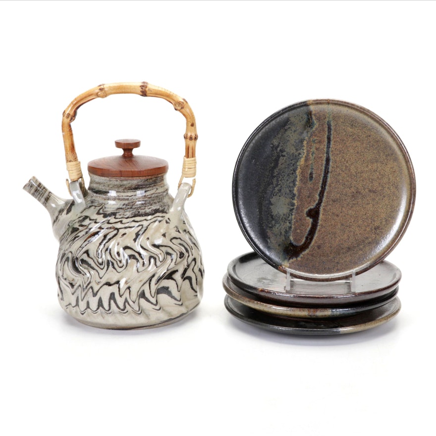Ban Kajitani Glazed Ceramic Teapot With Studio Pottery Saucers
