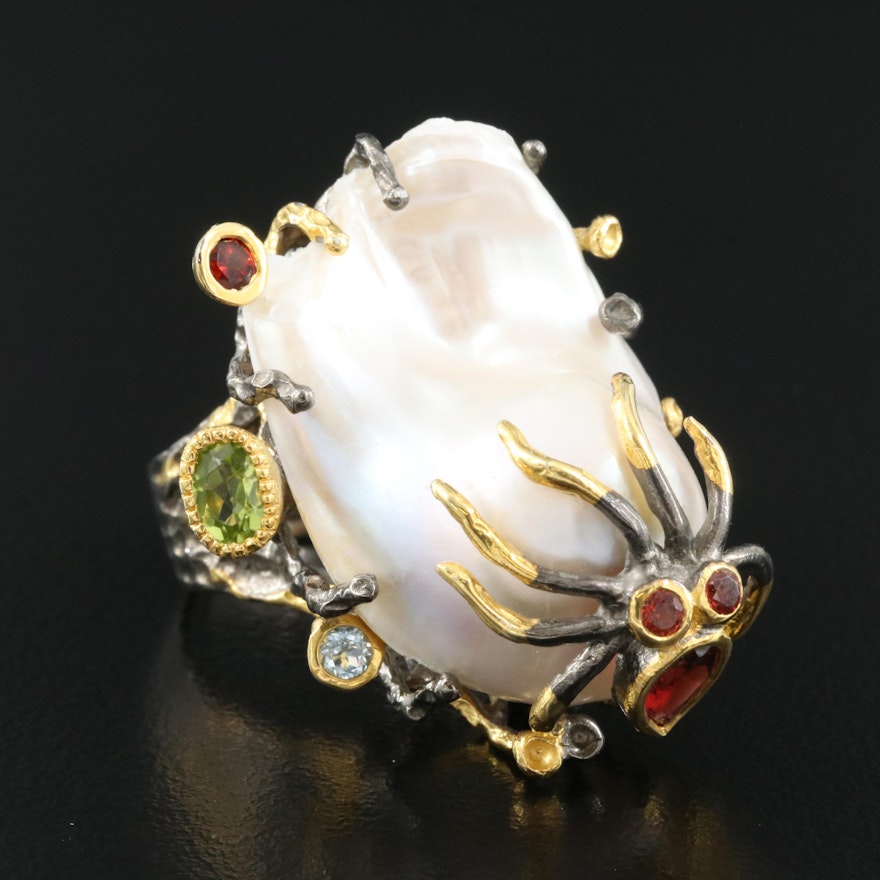 Sterling Octopus Ring Including Pearl, Peridot and Garnet
