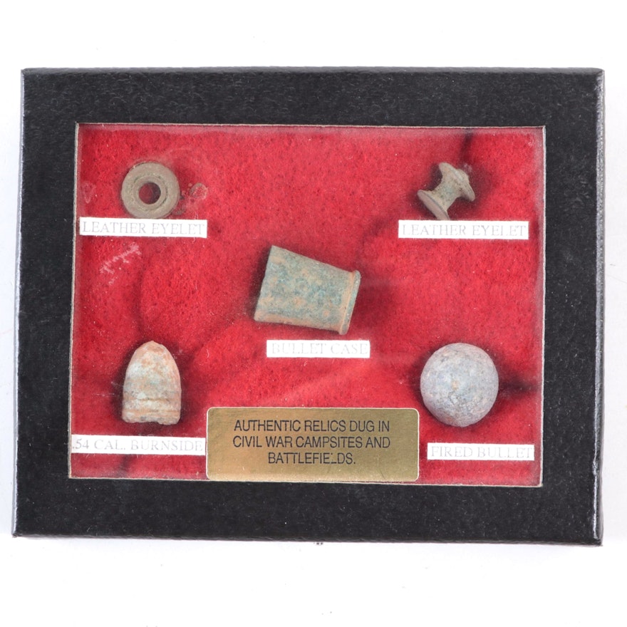 Civil War Bullets, Bullet Case and Clothing Eyelets in Display Case