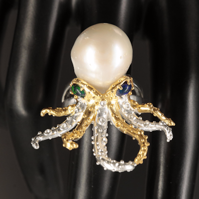 Sterling Pearl and Opal Figural Octopus Ring