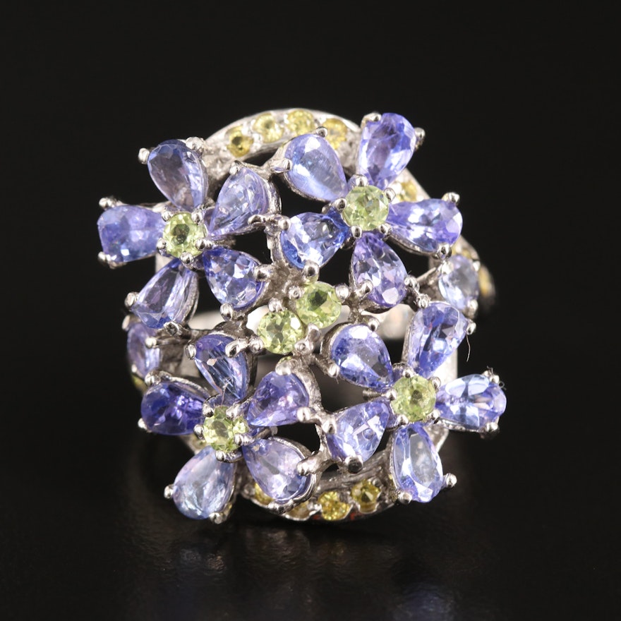 Sterling Tanzanite, Peridot and Yellow Sapphire Floral Cluster Ring