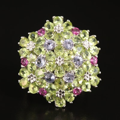 Sterling Peridot and Tanzanite Floral Cluster Ring