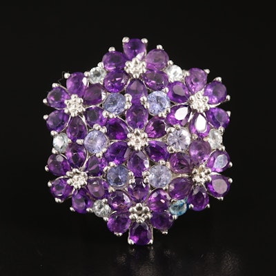 Sterling Amethyst, Tanzanite and Aquamarine Floral Cluster Ring