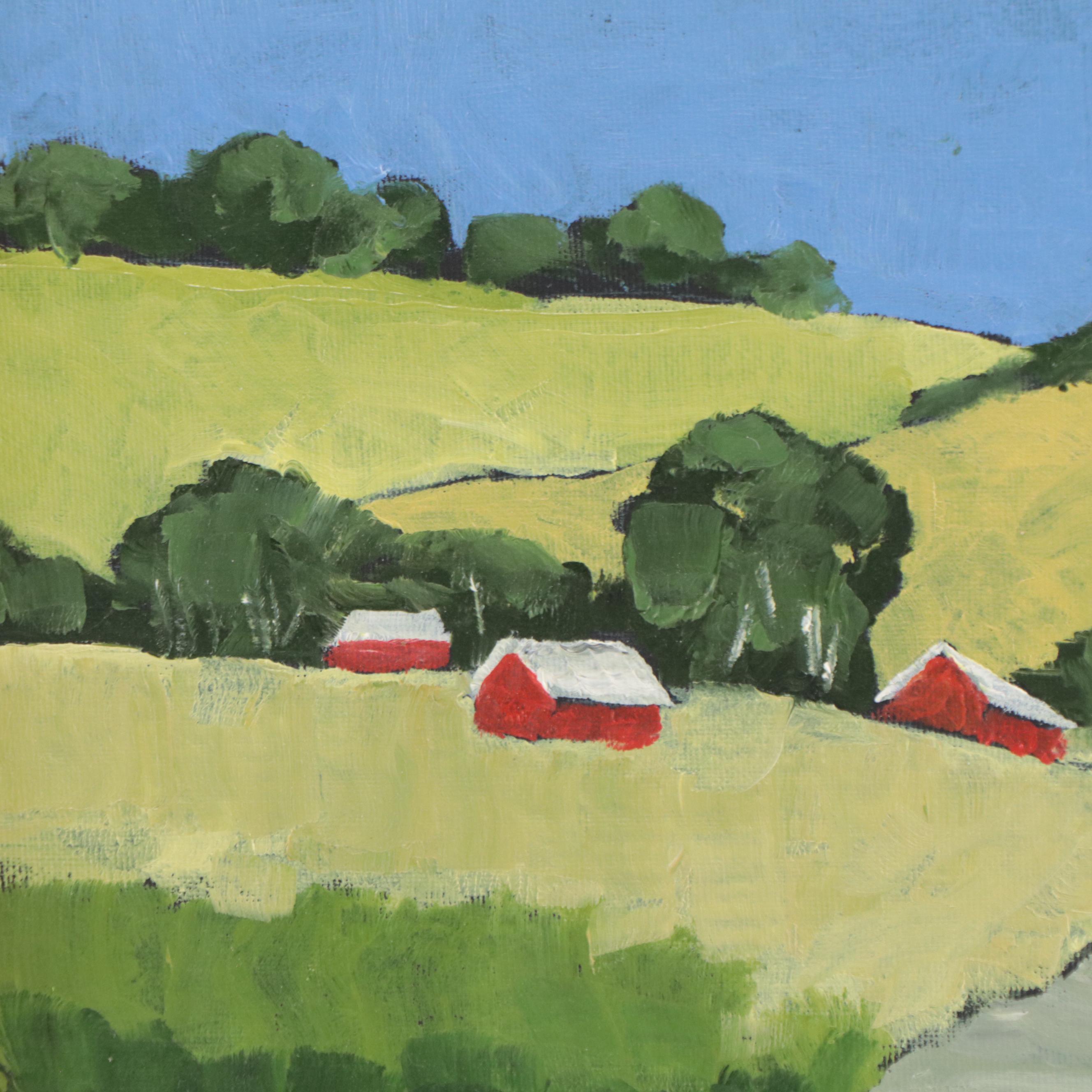 Lynne French Landscape Oil Painting of Farmhouses, 21st Century EBTH