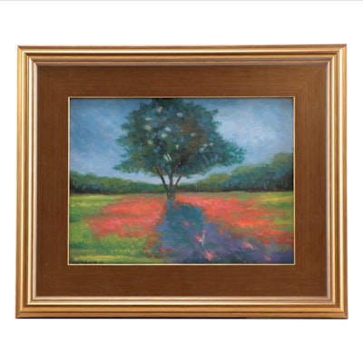 Sulmaz H. Radvand Oil Painting of Lone Tree in a Field of Flowers, 21st Century