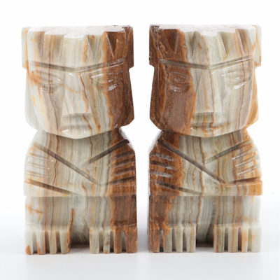 Carved Banded Calcite  Figural Bookends, Mid to Late 20th Century