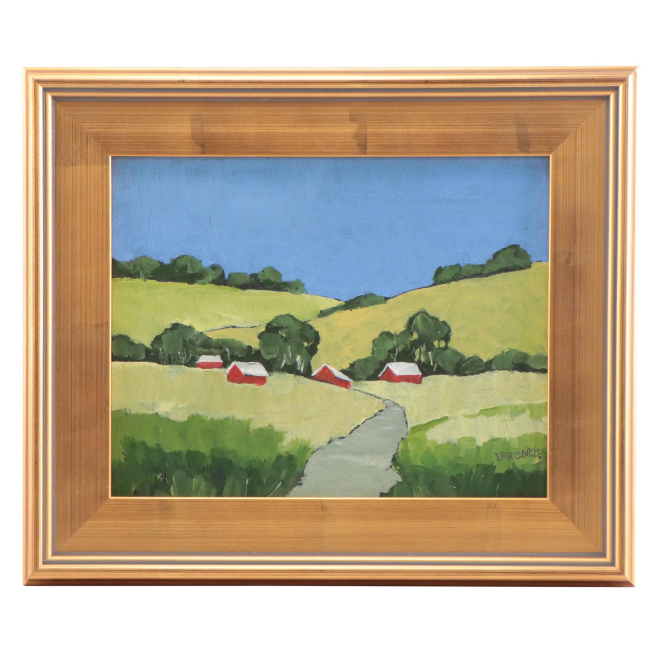 Lynne French Landscape Oil Painting of Farmhouses, 21st Century EBTH