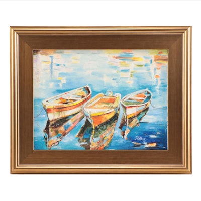 H. Mas Acrylic Painting of Rowboats, Late 20th Century