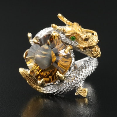 Sterling Silver Citrine and Diopside Dragon Ring