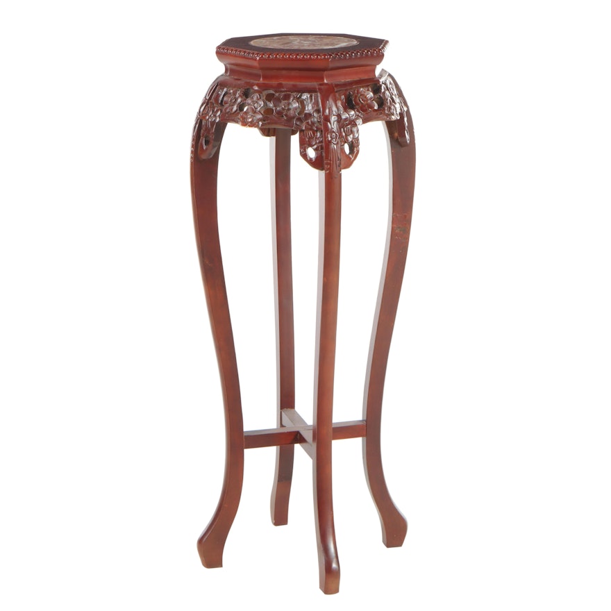 Chinese Carved Hardwood and Marble Top Pedestal