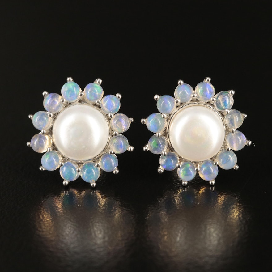 Sterling Pearl and Opal Earrings