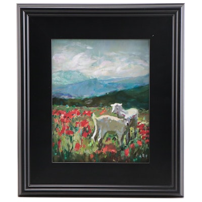 Agnes Rey Oil Painting of Lambs In Landscape "Mountain Breeze," 2022
