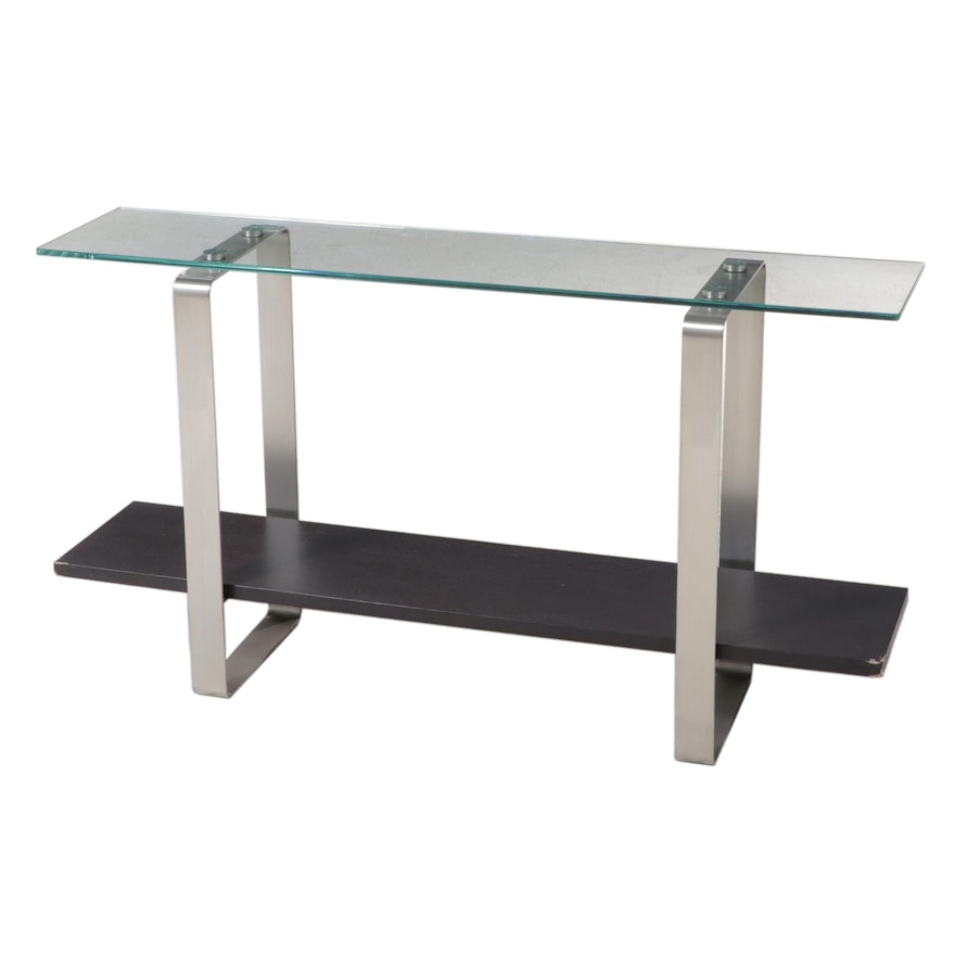 Modernist Style Brushed Steel, Hardwood-Veneered, and Glass Top Console Table
