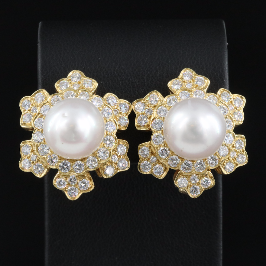 18K South Sea Pearl and 3.87 CTW Diamond Earrings with GIA Report