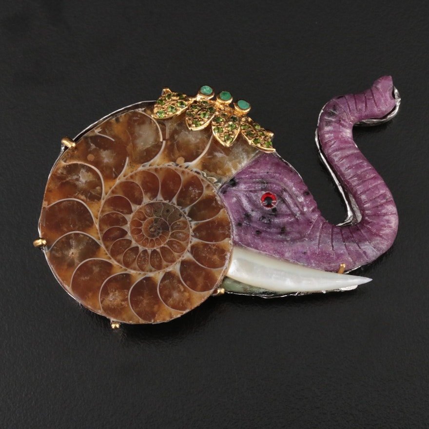 Sterling Ammonite, Ruby in Zoisite and Gemstone Elephant Brooch