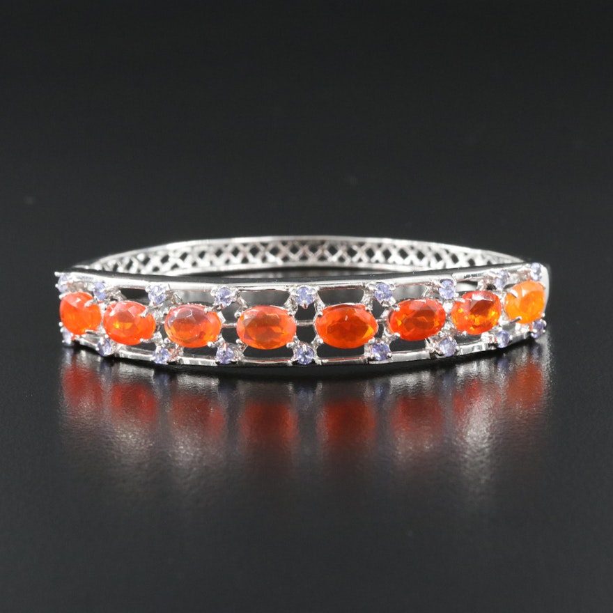 Sterling Fire Opal and Topaz Hinged Bangle