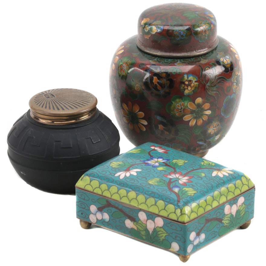Chinese Cloisonné Ginger Jar and Box with Other Art Deco Style Jar