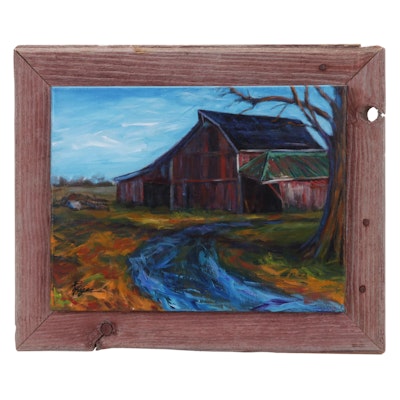 Rhonda Hager Acrylic Painting "Nobel Township Barn," 21st Century
