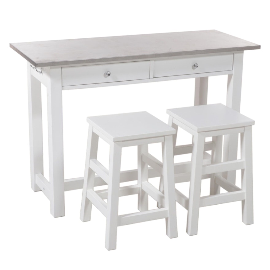 Three-Piece Pottery Barn "Balboa" White-Painted Counter-Height Dining Set