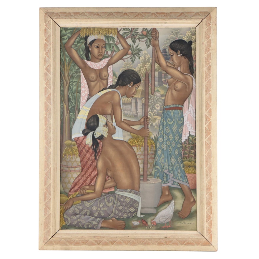 Dewa Putu Bedil Gouache Painting of Market Scene