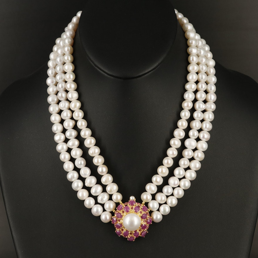 Sterling Pearl and Ruby Triple-Strand Necklace