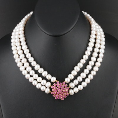 Sterling Pearl and Ruby Triple Strand Necklace