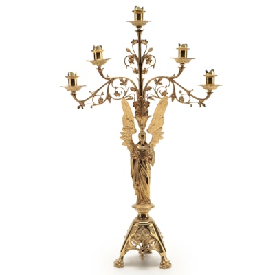 Baroque Style Gilt Brass Altar Candelabra with Angel, Early 20th Century